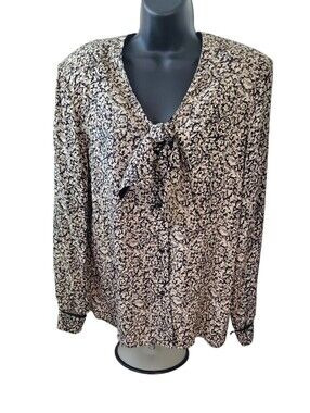 Laura Henson Black Ivory Floral Scroll Tie Neck Blouse Long Sleeve Vintage Sz 10
